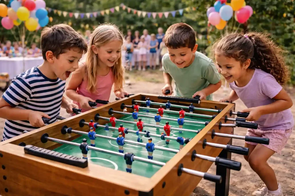 Niños jugando futbolito en fiesta