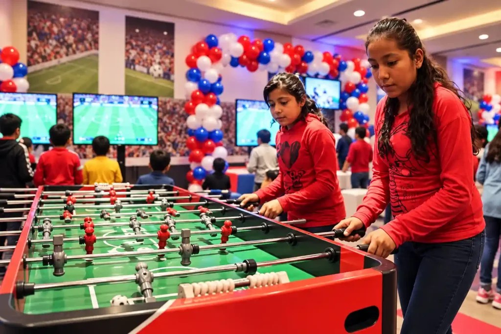Niñas jugando futbolito en fiesta